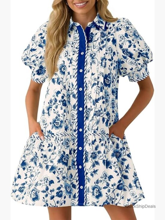 Dresses & Skirts - Mini Dress with Short Puff Sleeves Floral Collared V Neck Button Down Shirt